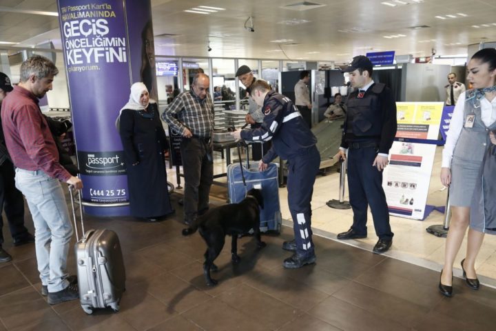 2016-03-23 14:11:49 epa05227282 Turkish police with a K-9 dog search luggage in an area at Ataturk Airport in Istanbul, Turkey, 23 March 2016. Security was tightened across Europe and transport links paralysed after terrorists carried out attacks at Brussels airport and the metro system on 22 March 2016 which claimed multiple lives and injured many others. EPA/SEDAT SUNA