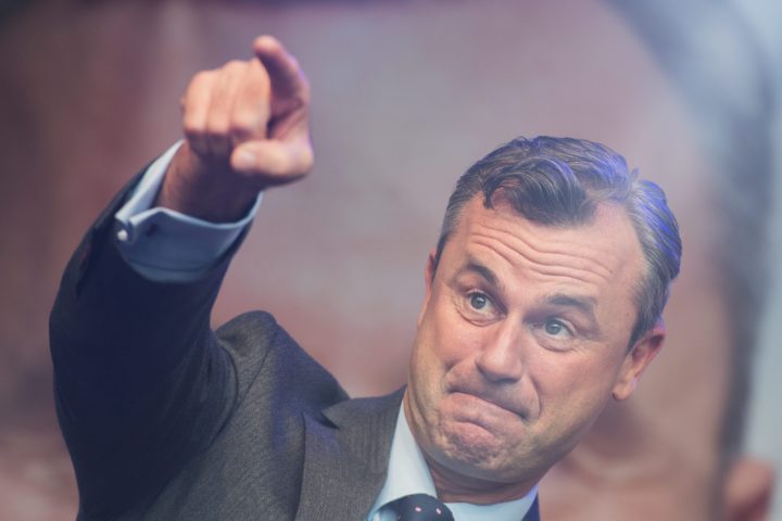 2016-05-20 20:18:13 epaselect epa05319701 Right-wing Austrian Freedom Party (FPOe) presidential candidate Norbert Hofer holds a speech during his final election campaign rally at the Viktor Adler Markt in Vienna, Austria, 20 May 2016. Hofer secured 35 percent of total votes in the first round and will go head to head in the run-offs against Alexander Van der Bellen, supported by the Green Party, on 22 May 2016. EPA/CHRISTIAN BRUNA