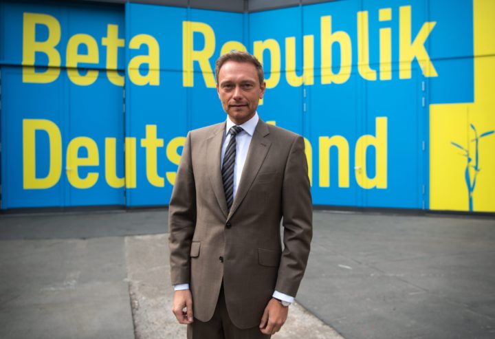 2016-04-23 00:00:00 epa05273099 Chairman of the Free Democratic Party of Germany (FDP) Christian Lindner poses in front of a wall with the party annual congress theme 'Beta Republic of Germany', during the party annual congress in Berlin, Germany, 23 April 2016. Around 660 delegates discuss the two-day 67th Annual Congress of the FDP under the slogan 'Beta Republic of Germany'. EPA/BERND VON JUTRCZENKA