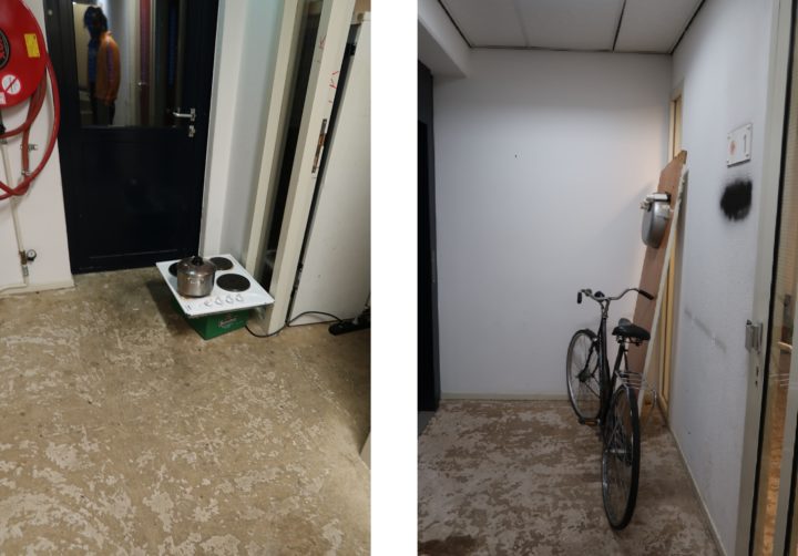 Provisorische kookplaatjes en fietsen in de gangen. Een deel van de badkamers is eruit gesloopt. De WC's en badkamers op andere verdiepingen worden volop gebruikt Foto: Bauke Schram/Elsevier