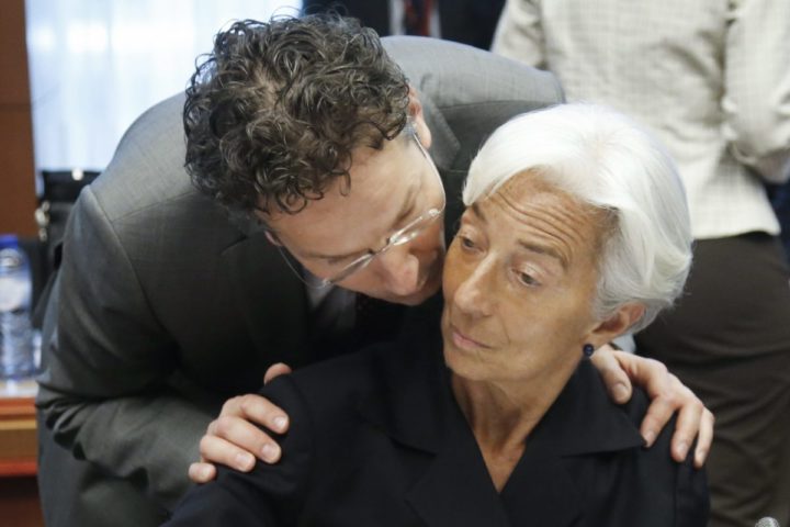 2015-06-27 14:44:25 epa04821206 Dutch Finance Minister, President of Eurogroup Jeroen Dijsselbloem (L) chats with International Monetary Fund managing director Christine Lagarde (R), at the start of a special Eurogroup Finance ministers meeting on Greece crisis, at the EU council headquarters in Brussels, Belgium, 27 June 2015. Greece's parliament started debating the government's planned referendum on the creditors' latest bailout proposal at an emergency session on 27 June. Greek voters will decide in a referendum whether their government should accept an economic reform package put forth by Greece's creditors, Greek Prime Minister Alexis Tsipras announces. EPA/OLIVIER HOSLET