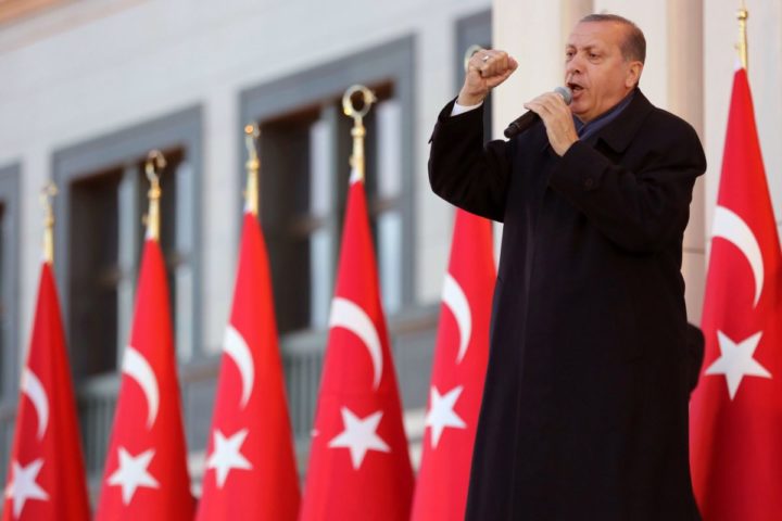 2017-04-17 17:57:56 Turkish president Recep Tayyip Erdogan gestures as he delivers a speech to his supporters at the Presidential Palace in Ankara, April 17, 2017 following the results in a nationwide referendum that will determine Turkey's future destiny. Erdogan on April 17 said Turkey could hold a referendum on its long-stalled EU membership bid after Turks voted to approve expanding the president's powers in a plebiscite. Narrowly won by President Recep Tayyip Erdogan, the referendum asked voters to boost the powers of the Turkish head of state -- a move that rights watchdogs have said could fatally weaken democracy in the linchpin country. / AFP PHOTO / ADEM ALTAN
